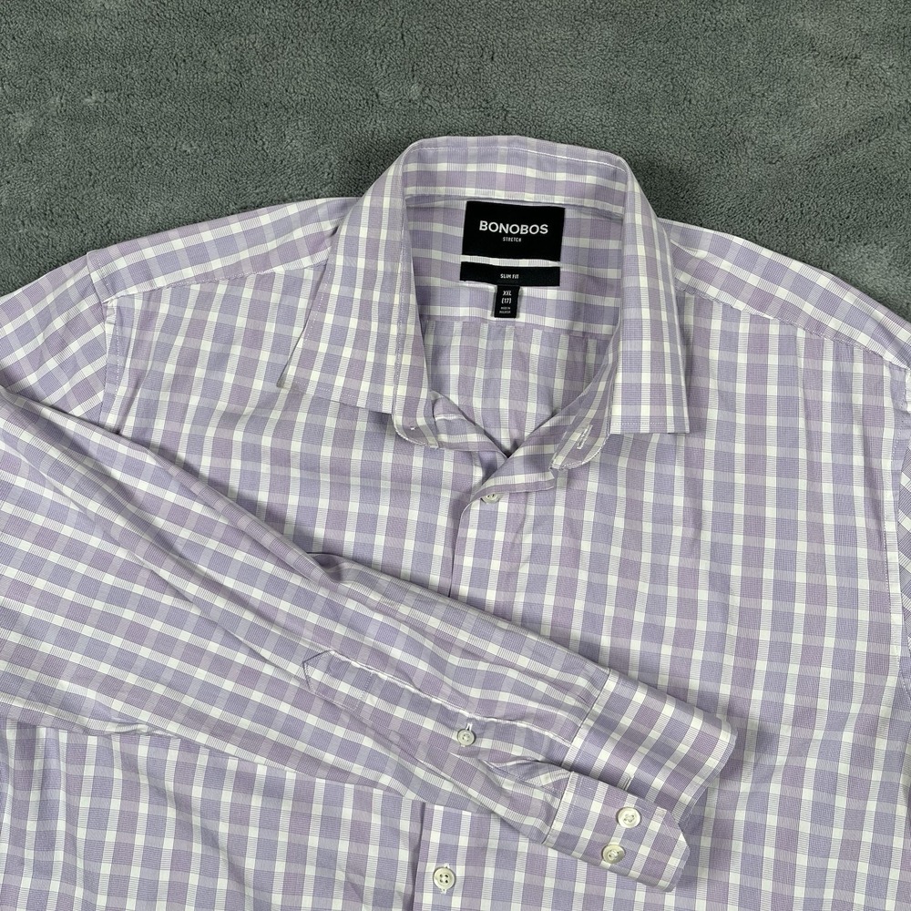 Bonobos Button Shirt Mens XXL (17) Purple White Plaid Slim Fit Tech Stretch L/S